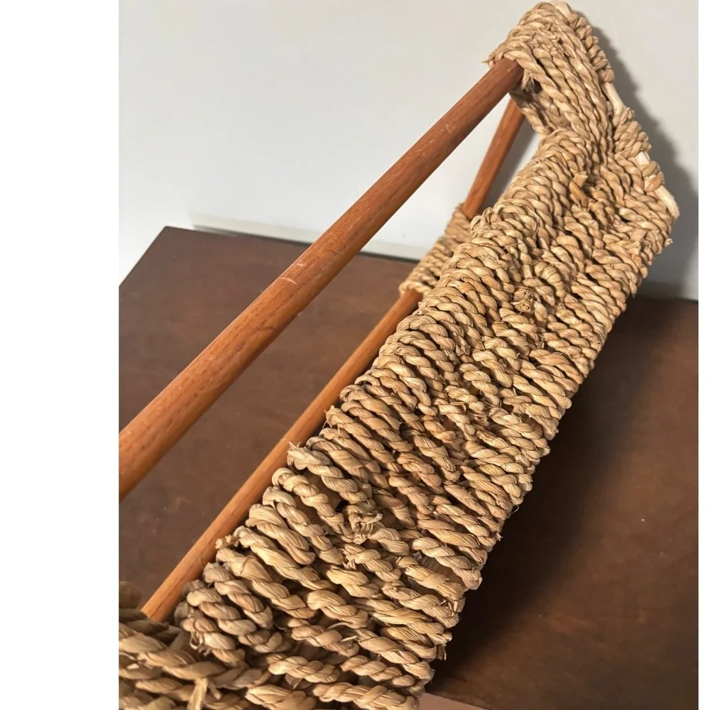 Vintage Woven Seagrass Basket Wood‎ Frame Handles Rectangular Tray Boho 22x11